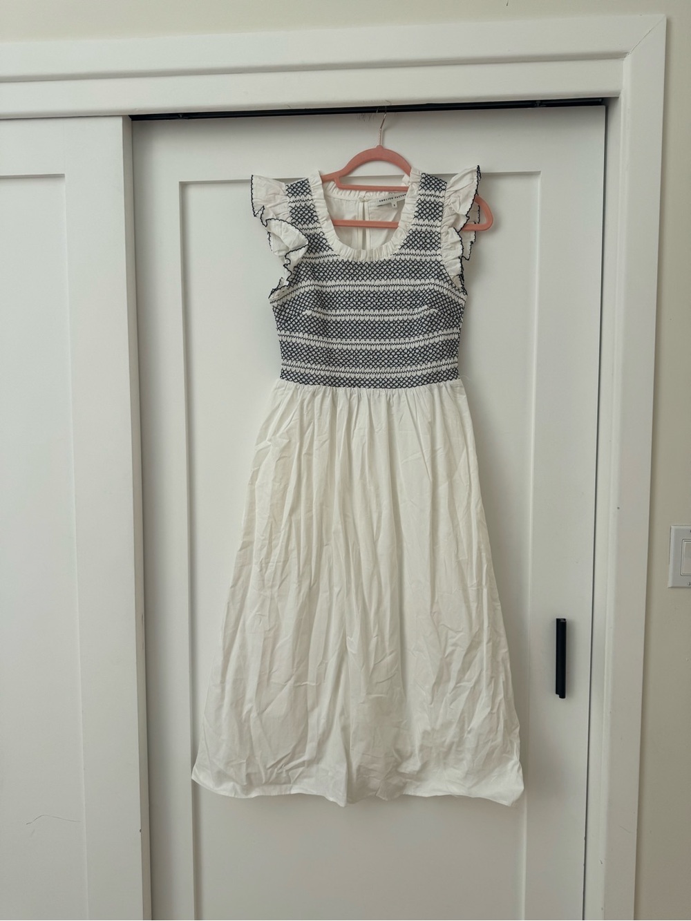 English Factory White Midi Dress with Navy Embroidered Bodice